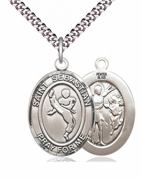 Men's Pewter Oval St. Sebastian Martial Arts Medal - 24&quot; 2.4mm Rhodium Plate Chain + Clasp