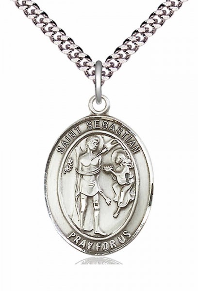 Men's Pewter Oval St. Sebastian Medal - 24&quot; 2.4mm Rhodium Plate Chain + Clasp