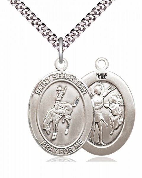 Men's Pewter Oval St. Sebastian Rodeo Medal - 24&quot; 2.4mm Rhodium Plate Chain + Clasp