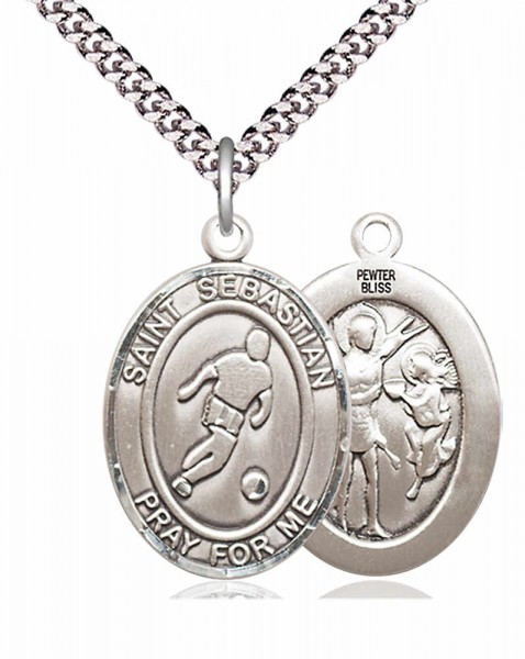 Men's Pewter Oval St. Sebastian Soccer Medal - 24&quot; 2.4mm Rhodium Plate Endless Chain