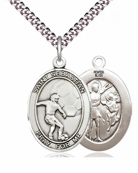 Men's Pewter Oval St. Sebastian Soccer Medal - 24&quot; 2.4mm Rhodium Plate Chain + Clasp