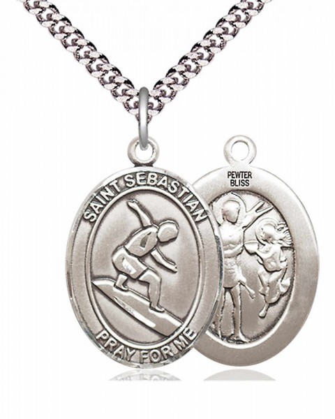 Men's Pewter Oval St. Sebastian Surfing Medal - 24&quot; 2.4mm Rhodium Plate Chain + Clasp