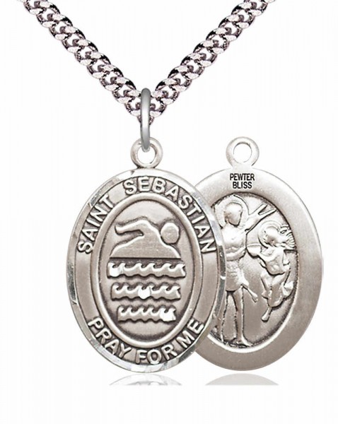Men's Pewter Oval St. Sebastian Swimming Medal - 24&quot; 2.4mm Rhodium Plate Chain + Clasp