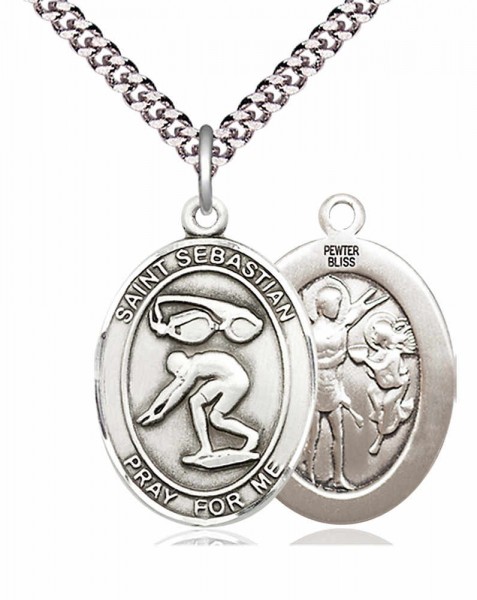 Men's Pewter Oval St. Sebastian Swimming Medal - 24&quot; 2.4mm Rhodium Plate Chain + Clasp