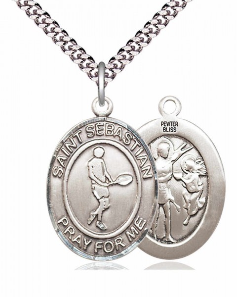 Men's Pewter Oval St. Sebastian Tennis Medal - 24&quot; 2.4mm Rhodium Plate Chain + Clasp