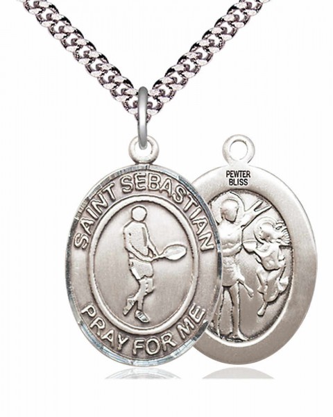 Men's Pewter Oval St. Sebastian Tennis Medal - 24&quot; 2.4mm Rhodium Plate Endless Chain