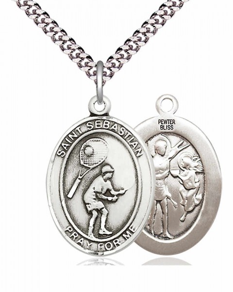 Men's Pewter Oval St. Sebastian Tennis Medal - 24&quot; 2.4mm Rhodium Plate Chain + Clasp