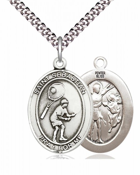 Men's Pewter Oval St. Sebastian Tennis Medal - 24&quot; 2.4mm Rhodium Plate Endless Chain