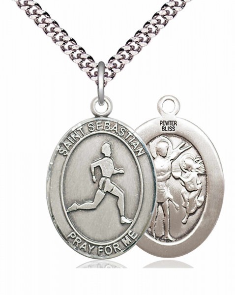 Men's Pewter Oval St. Sebastian Track and Field Medal - 24&quot; 2.4mm Rhodium Plate Endless Chain