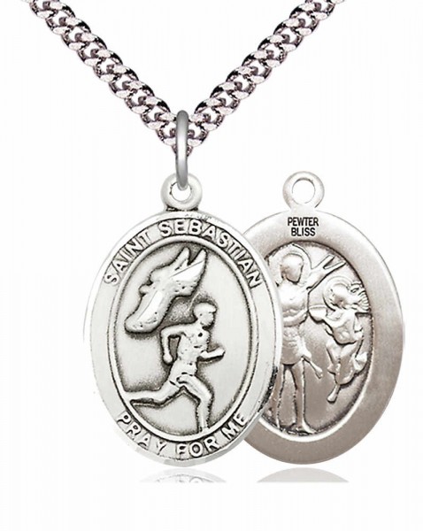 Men's Pewter Oval St. Sebastian Track and Field Medal - 24&quot; 2.4mm Rhodium Plate Endless Chain