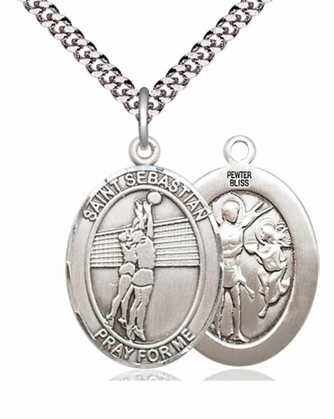 Men's Pewter Oval St. Sebastian Volleyball Medal - 24&quot; 2.4mm Rhodium Plate Chain + Clasp