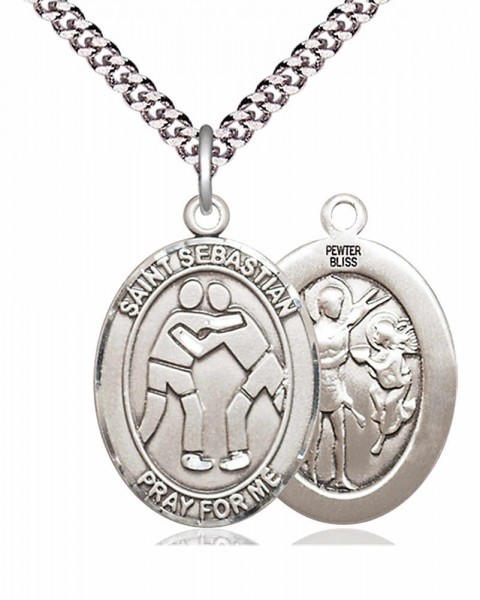 Men's Pewter Oval St. Sebastian Wrestling Medal - 24&quot; 2.4mm Rhodium Plate Chain + Clasp