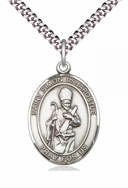Men's Pewter Oval St. Simon Medal - 24&quot; 2.4mm Rhodium Plate Chain + Clasp