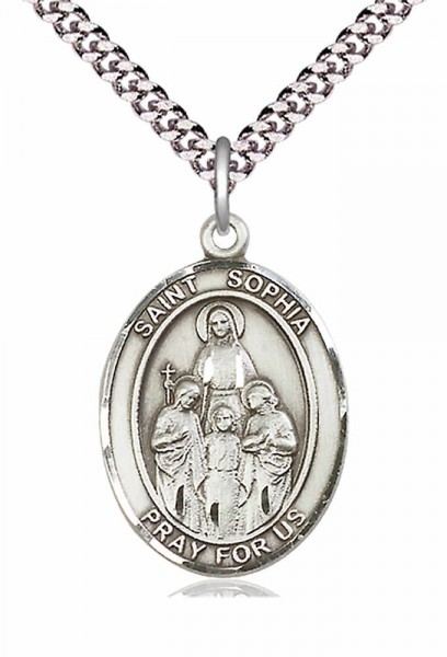 Men's Pewter Oval St. Sophia Medal - 24&quot; 2.4mm Rhodium Plate Chain + Clasp