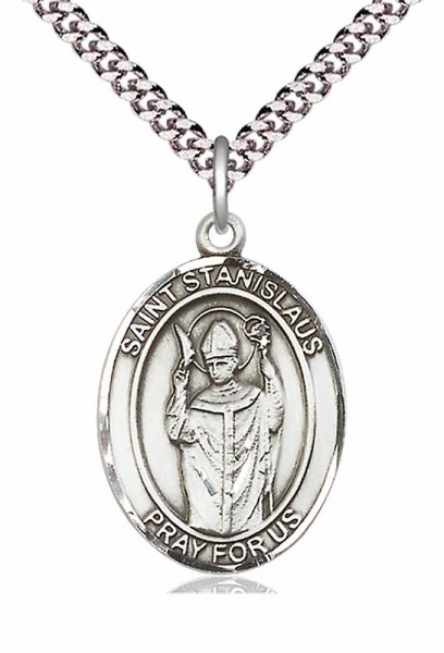 Men's Pewter Oval St. Stanislaus Medal - 24&quot; 2.4mm Rhodium Plate Chain + Clasp