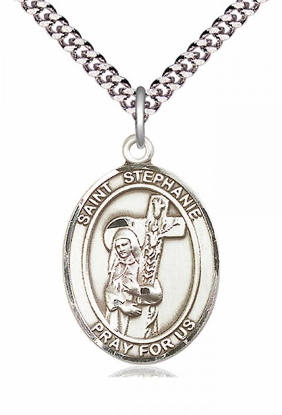 Men's Pewter Oval St. Stephanie Medal - 24&quot; 2.4mm Rhodium Plate Chain + Clasp