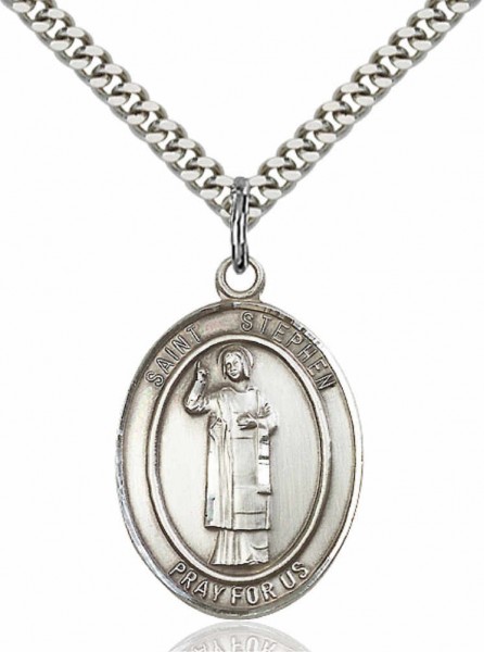 Men's Pewter Oval St. Stephen the Martyr Medal - 24&quot; 2.4mm Rhodium Plate Chain + Clasp