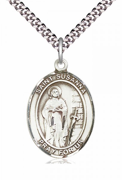 Men's Pewter Oval St. Susanna Medal - 24&quot; 2.4mm Rhodium Plate Chain + Clasp