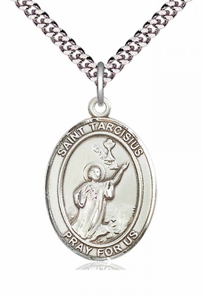 Men's Pewter Oval St. Tarcisius Medal - 24&quot; 2.4mm Rhodium Plate Chain + Clasp