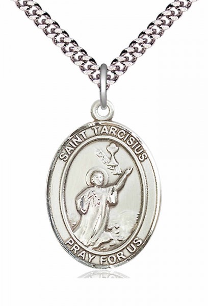 Men's Pewter Oval St. Tarcisius Medal - 20&quot; Rhodium Plate Chain + Clasp