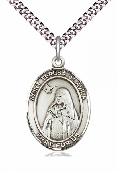 Men's Pewter Oval St. Teresa of Avila Medal - 24&quot; 2.4mm Rhodium Plate Chain + Clasp