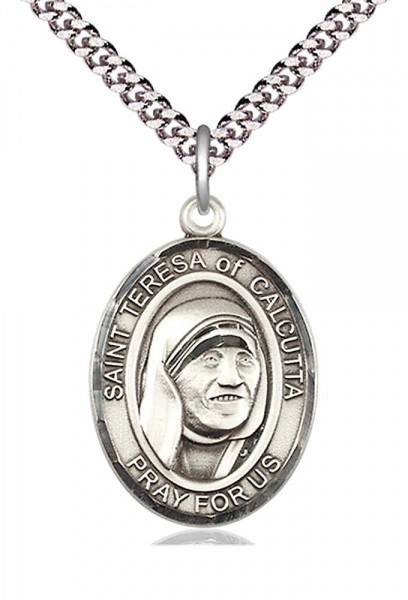 Men's Pewter Oval St. Teresa of Calcutta Medal - 24&quot; 2.4mm Rhodium Plate Chain + Clasp