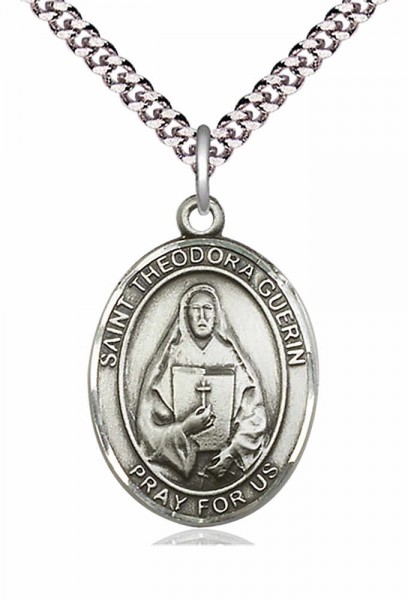 Men's Pewter Oval St. Theodore Guerin Medal - 24&quot; 2.4mm Rhodium Plate Chain + Clasp