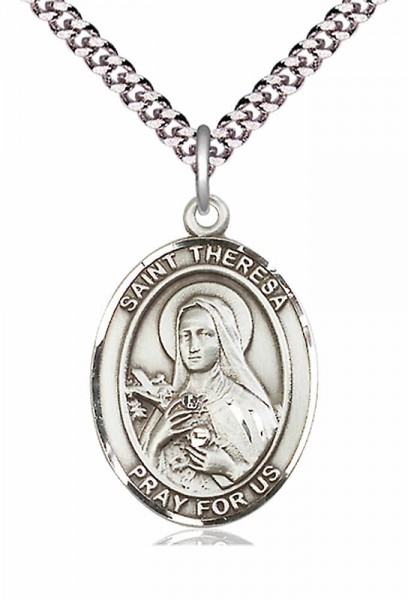 Men's Pewter Oval St. Theresa Medal - 24&quot; 2.4mm Rhodium Plate Chain + Clasp