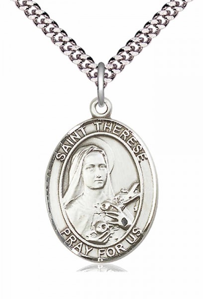 Men's Pewter Oval St. Therese of Lisieux Medal - 24&quot; 2.4mm Rhodium Plate Endless Chain