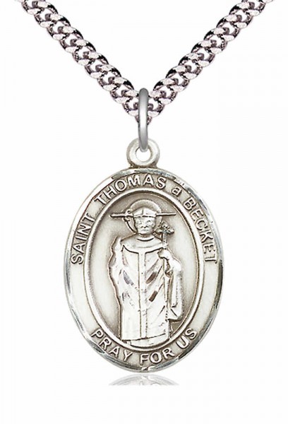 Men's Pewter Oval St. Thomas A Becket Medal - 24&quot; 2.4mm Rhodium Plate Endless Chain