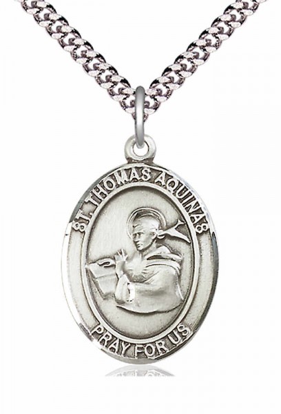 Men's Pewter Oval St. Thomas Aquinas Medal - 24&quot; 2.4mm Rhodium Plate Chain + Clasp
