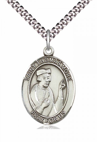 Men's Pewter Oval St. Thomas More Medal - 24&quot; 2.4mm Rhodium Plate Chain + Clasp