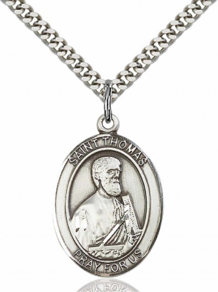 Men's Pewter Oval St. Thomas the Apostle Medal - 24&quot; 2.4mm Rhodium Plate Chain + Clasp