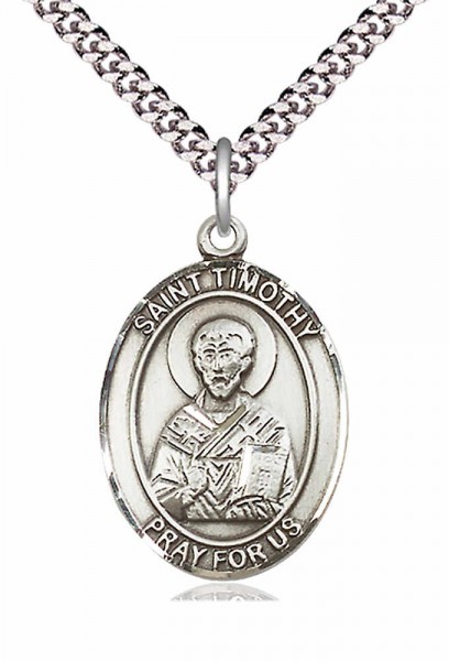 Men's Pewter Oval St. Timothy Medal - 24&quot; 2.4mm Rhodium Plate Chain + Clasp