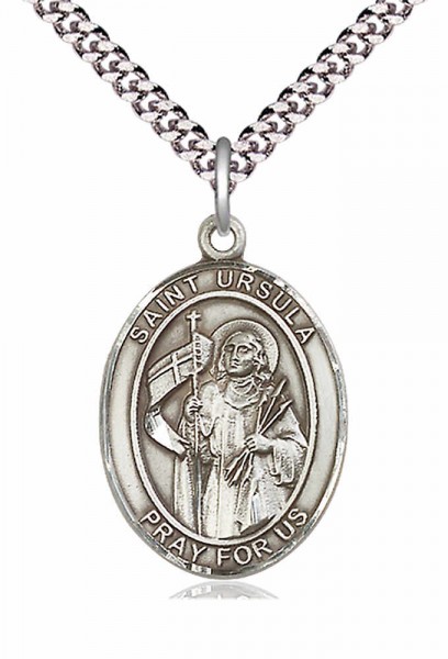 Men's Pewter Oval St. Ursula Medal - 24&quot; 2.4mm Rhodium Plate Chain + Clasp