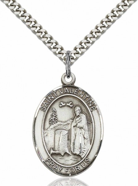 Men's Pewter Oval St. Valentine of Rome Medal - 24&quot; 2.4mm Rhodium Plate Chain + Clasp