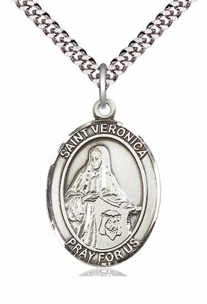Men's Pewter Oval St. Veronica Medal - 24&quot; 2.4mm Rhodium Plate Chain + Clasp