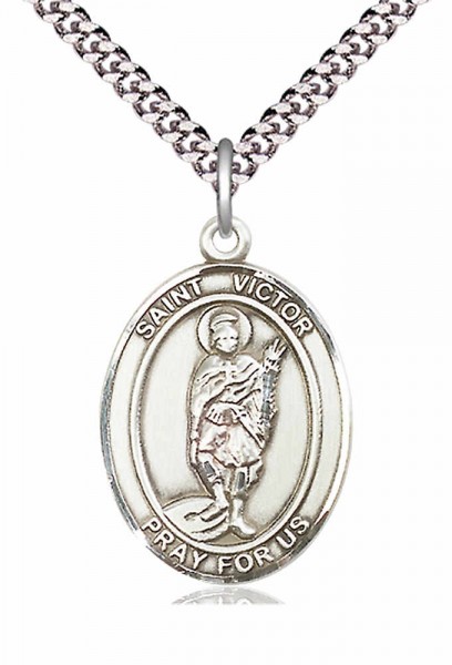 Men's Pewter Oval St. Victor of Marseilles Medal - 24&quot; 2.4mm Rhodium Plate Chain + Clasp