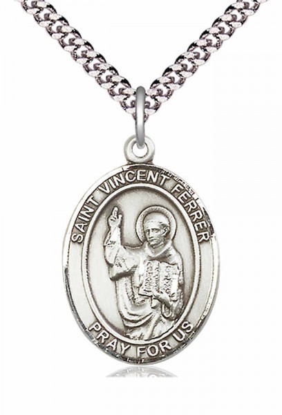 Men's Pewter Oval St. Vincent Ferrer Medal - 24&quot; 2.4mm Rhodium Plate Chain + Clasp