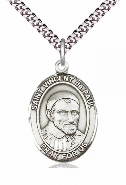 Men's Pewter Oval St. Vincent de Paul Medal - 24&quot; 2.4mm Rhodium Plate Chain + Clasp