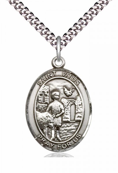 Men's Pewter Oval St. Vitus Medal - 24&quot; 2.4mm Rhodium Plate Chain + Clasp