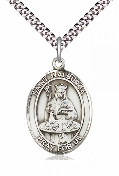 Men's Pewter Oval St. Walburga Medal - 24&quot; 2.4mm Rhodium Plate Chain + Clasp
