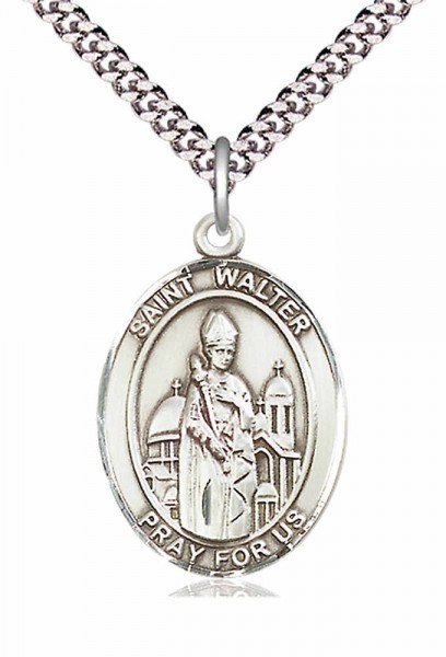 Men's Pewter Oval St. Walter of Pontnoise Medal - 24&quot; 2.4mm Rhodium Plate Chain + Clasp