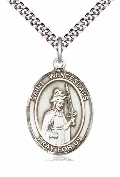 Men's Pewter Oval St. Wenceslaus Medal - 24&quot; 2.4mm Rhodium Plate Chain + Clasp