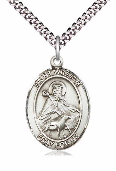 Men's Pewter Oval St. William of Rochester Medal - 24&quot; 2.4mm Rhodium Plate Chain + Clasp