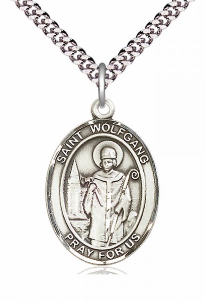 Men's Pewter Oval St. Wolfgang Medal - 24&quot; 2.4mm Rhodium Plate Chain + Clasp