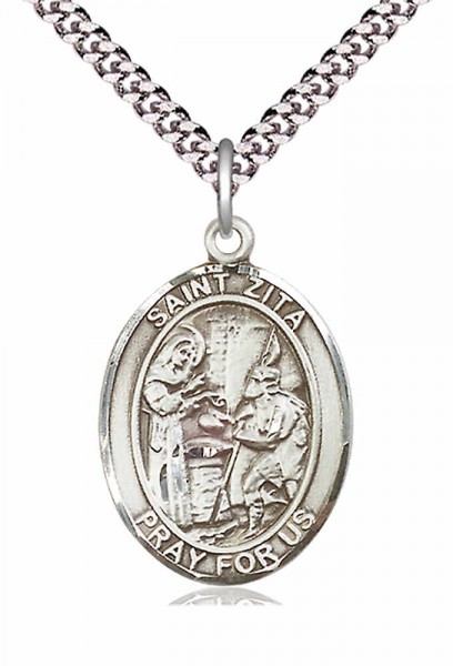 Men's Pewter Oval St. Zita Medal - 24&quot; 2.4mm Rhodium Plate Chain + Clasp