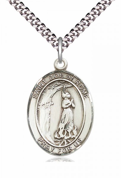 Men's Pewter Oval St. Zoe of Rome Medal - 24&quot; 2.4mm Rhodium Plate Chain + Clasp