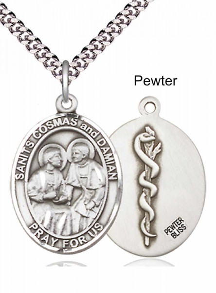 Men's Pewter Oval Sts. Cosmas and Damian Medal - 24&quot; 2.4mm Rhodium Plate Chain + Clasp