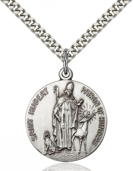 Men's Round Sterling Silver St. Hubert of Li&egrave;ge Medal - 24&quot; 2.2mm Sterling Silver Chain + Clasp